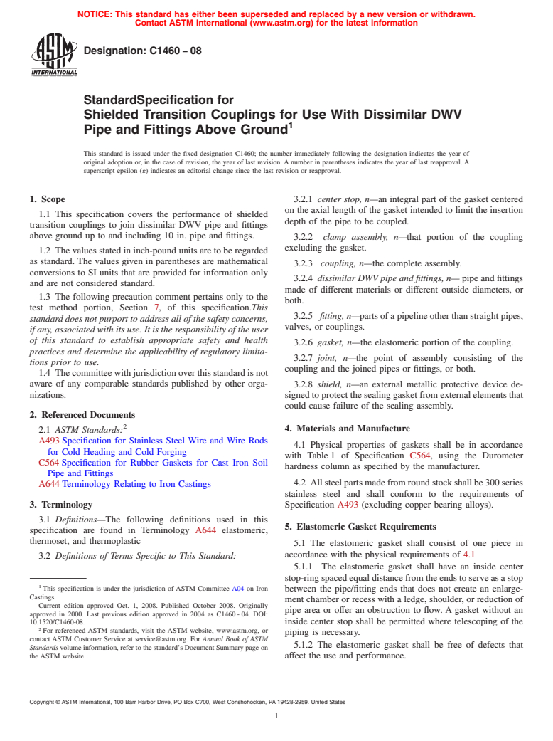 ASTM C1460-08 - Standard Specification for Shielded Transition Couplings for Use With Dissimilar DWV Pipe and Fittings Above Ground