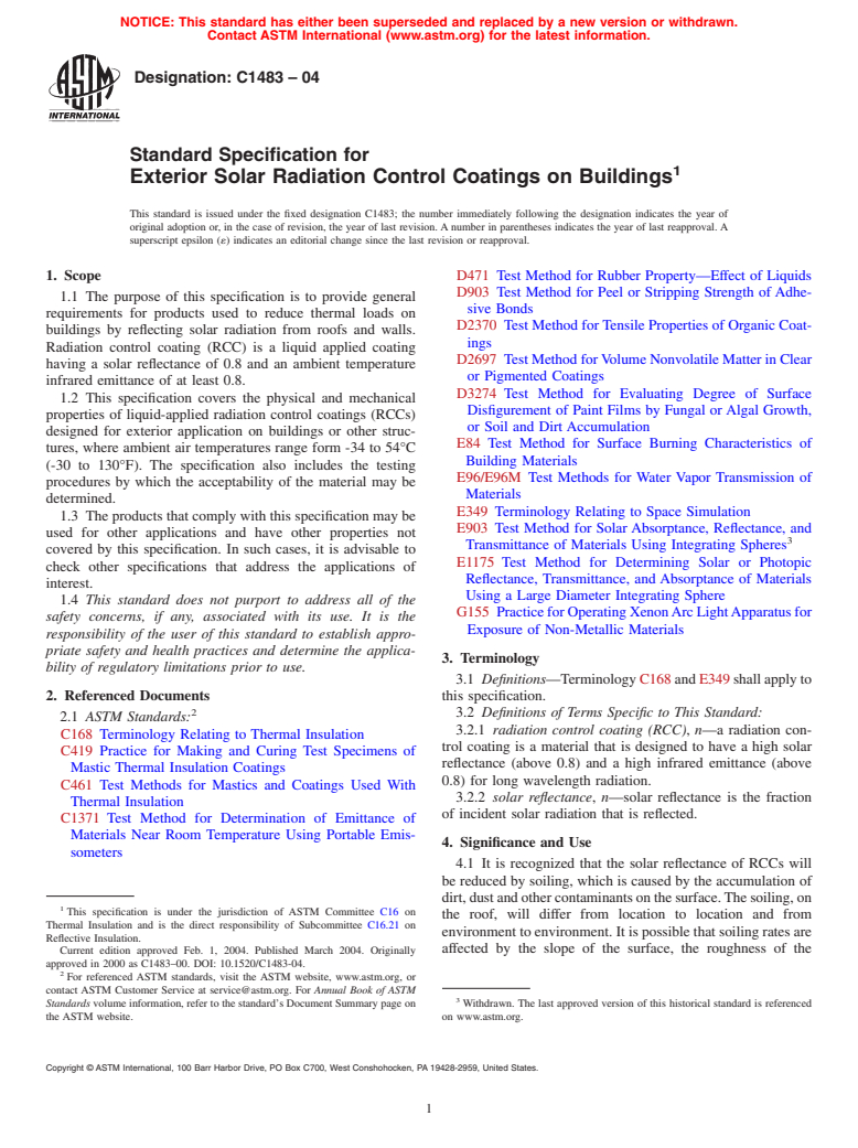 ASTM C1483-04 - Standard Specification for Exterior Solar Radiation Control Coatings on Buildings