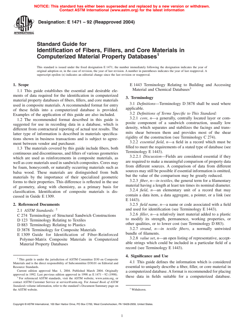 ASTM E1471-92(2004) - Standard Guide for Identification of Fibers, Fillers, and Core Materials in Computerized Material Property Databases