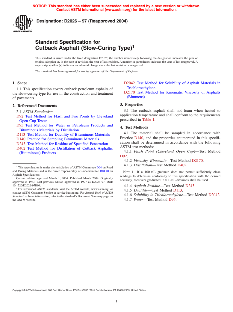 ASTM D2026-97(2004) - Standard Specification for Cutback Asphalt (Slow-Curing Type)