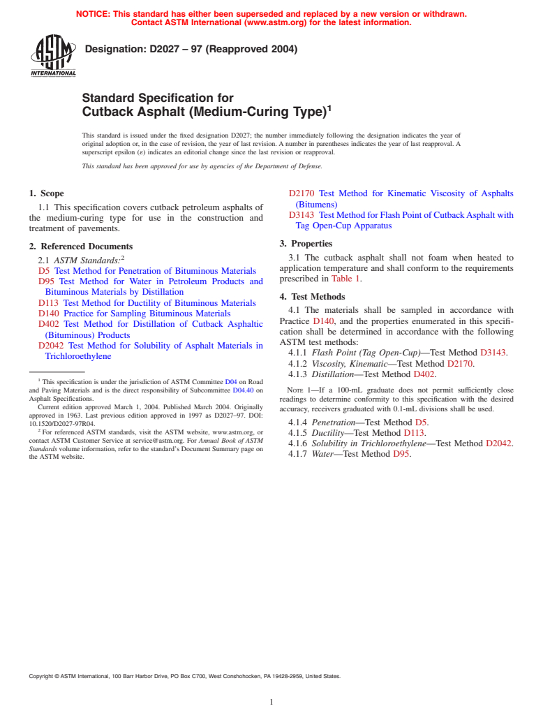 ASTM D2027-97(2004) - Standard Specification for Cutback Asphalt (Medium-Curing Type)