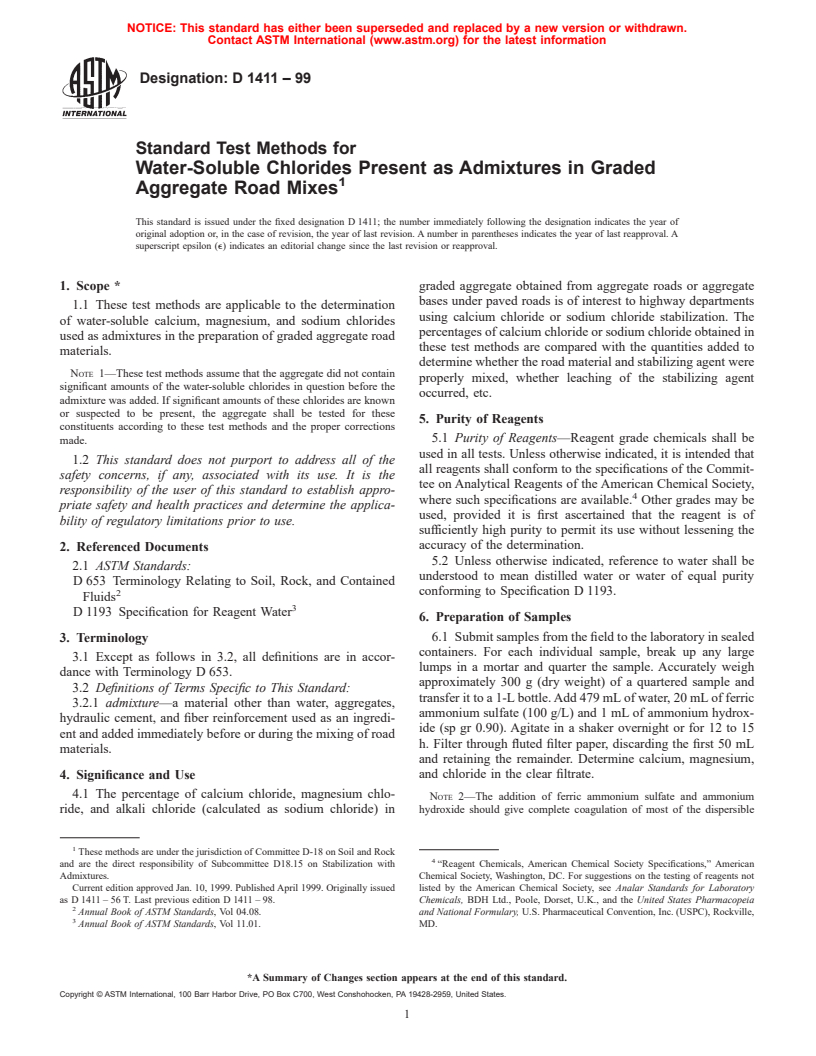 ASTM D1411-99 - Standard Test Methods for Water-Soluble Chlorides Present as Admixtures in Graded Aggregate Road Mixes