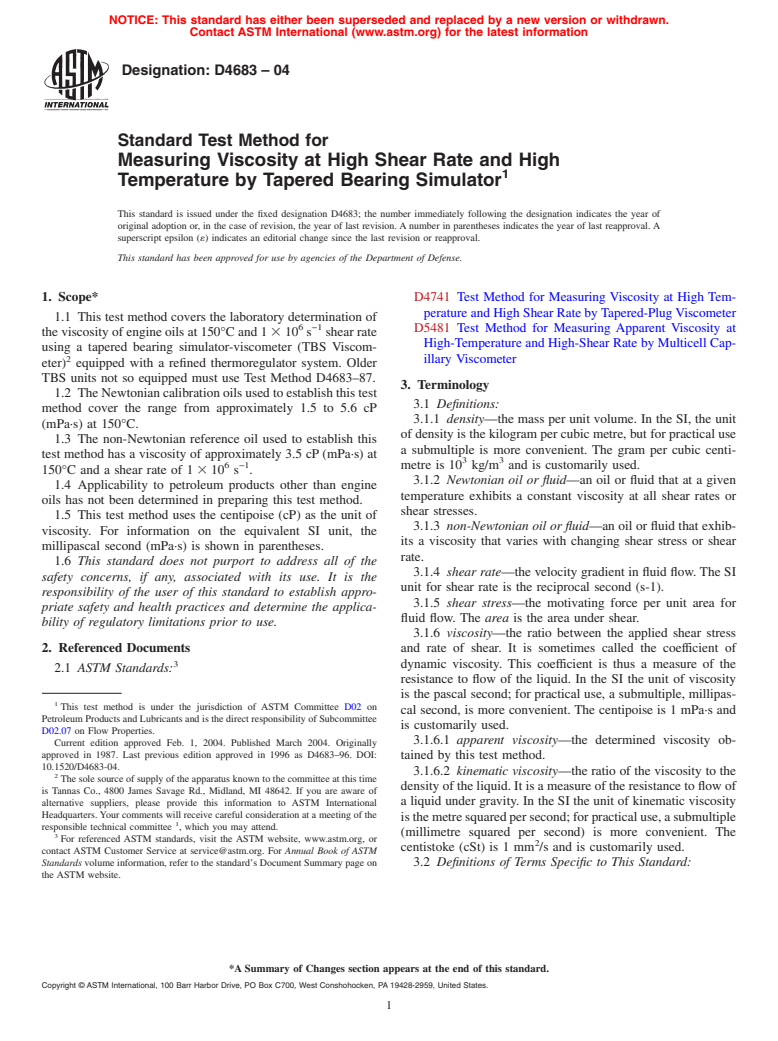 ASTM D4683-04 - Standard Test Method for Measuring Viscosity at High Shear Rate and High Temperature by Tapered Bearing Simulator