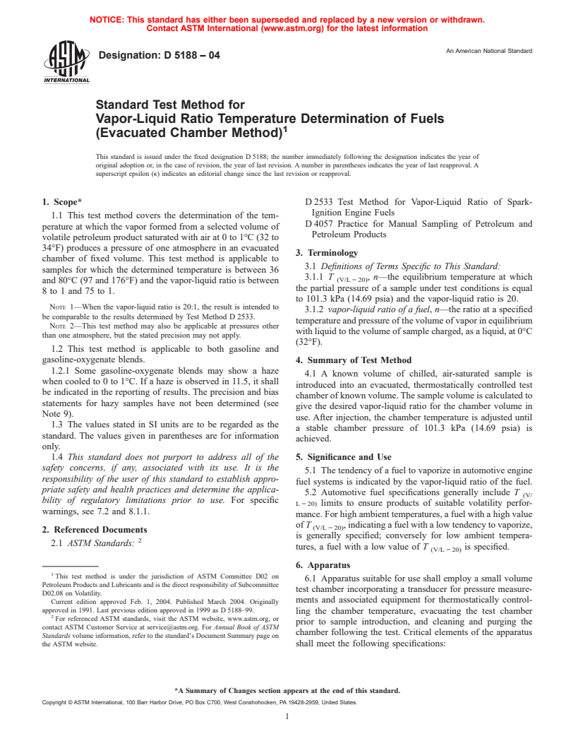 ASTM D5188-04 - Standard Test Method for Vapor-Liquid Ratio Temperature Determination of Fuels (Evacuated Chamber Method)