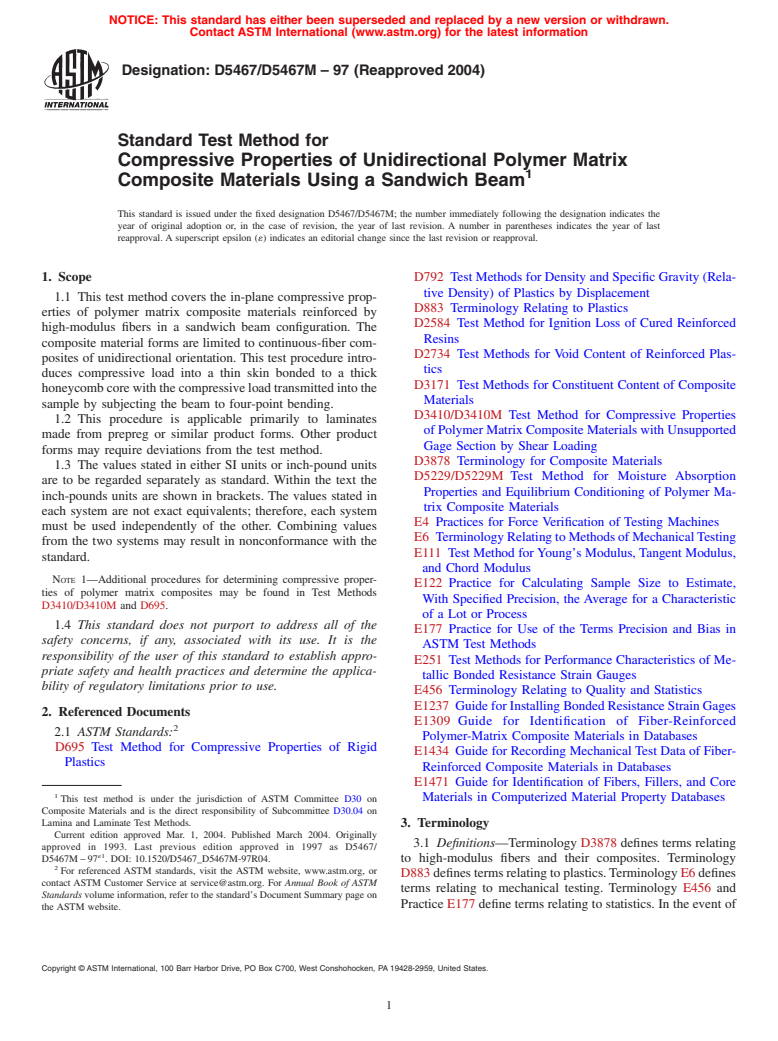 ASTM D5467/D5467M-97(2004) - Standard Test Method for Compressive Properties of Unidirectional Polymer Matrix Composites Using a Sandwich Beam