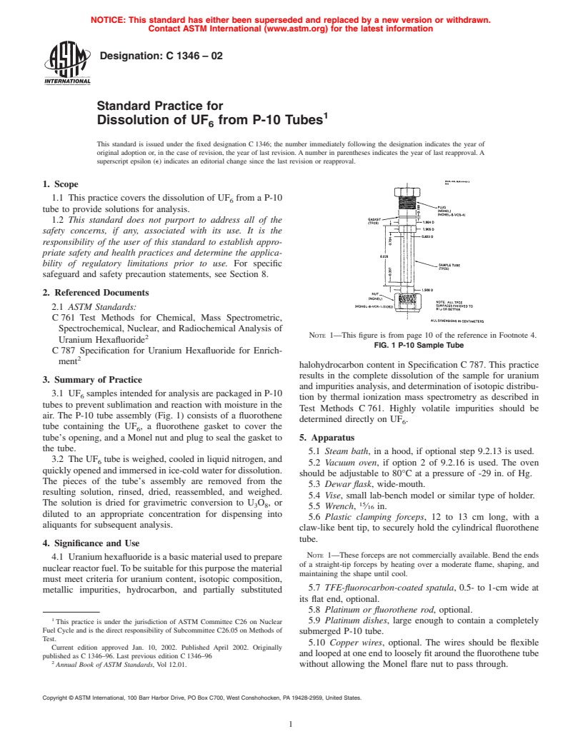 ASTM C1346-02 - Standard Practice for Dissolution of UF<sub>6</sub> from P-10 Tubes