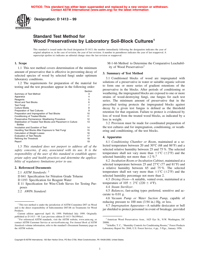 ASTM D1413-99 - Standard Test Method for Wood Preservatives by Laboratory Soil-Block Cultures