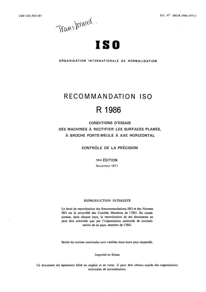 ISO/R 1986:1971 - Title missing - Legacy paper document
Released:1/1/1971