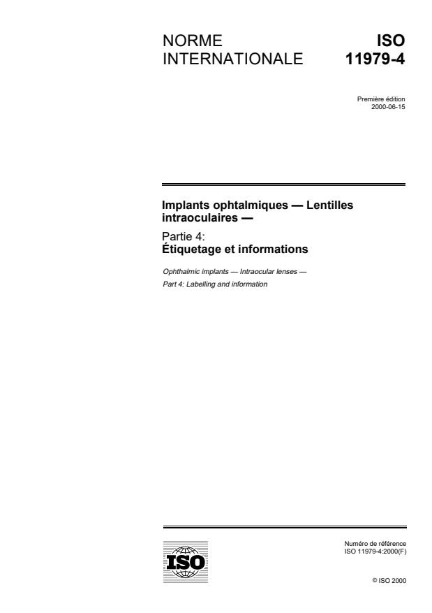ISO 11979-4:2000 - Implants ophtalmiques -- Lentilles intraoculaires