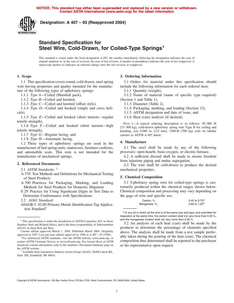 ASTM A407-93(2004) - Standard Specification for Steel Wire, Cold-Drawn, for Coiled-Type Springs