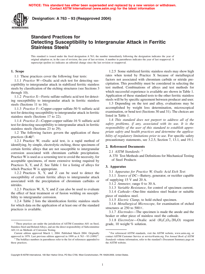 ASTM A763-93(2004) - Standard Practices for Detecting Susceptibility to Intergranular Attack in Ferritic Stainless Steels