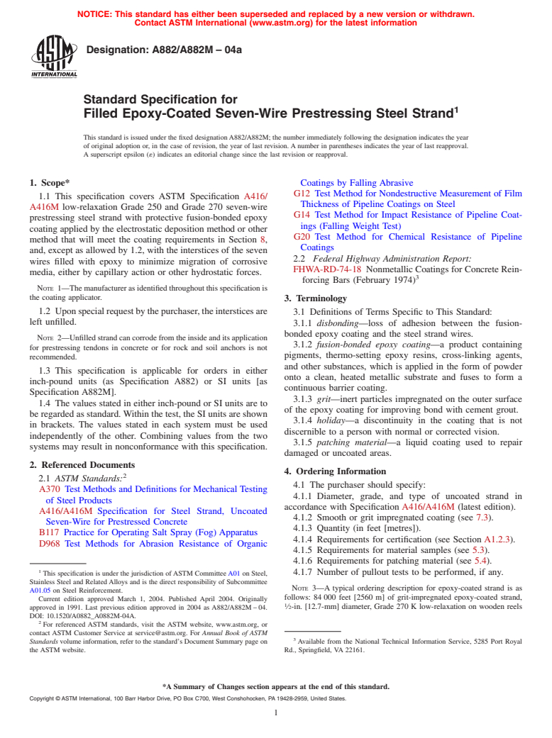 ASTM A882/A882M-04a - Standard Specification for Filled Epoxy-Coated Seven-Wire Prestressing Steel Strand