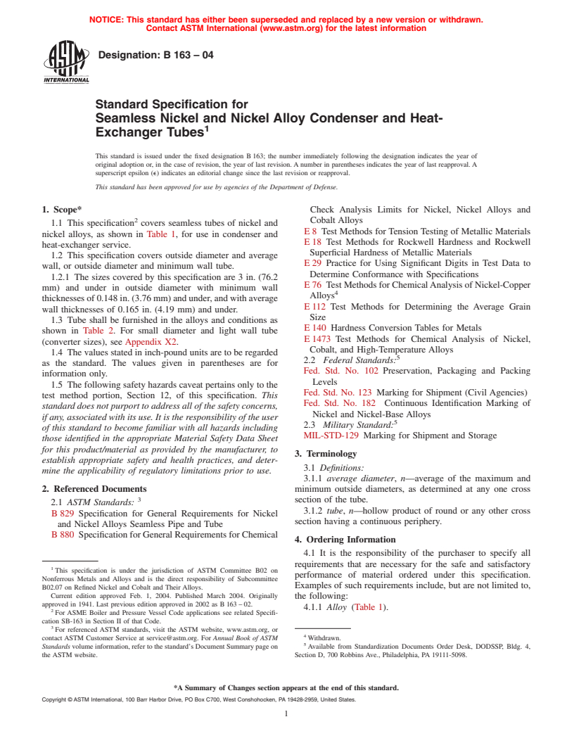 ASTM B163-04 - Standard Specification for Seamless Nickel and Nickel Alloy Condenser and Heat-Exchanger Tubes