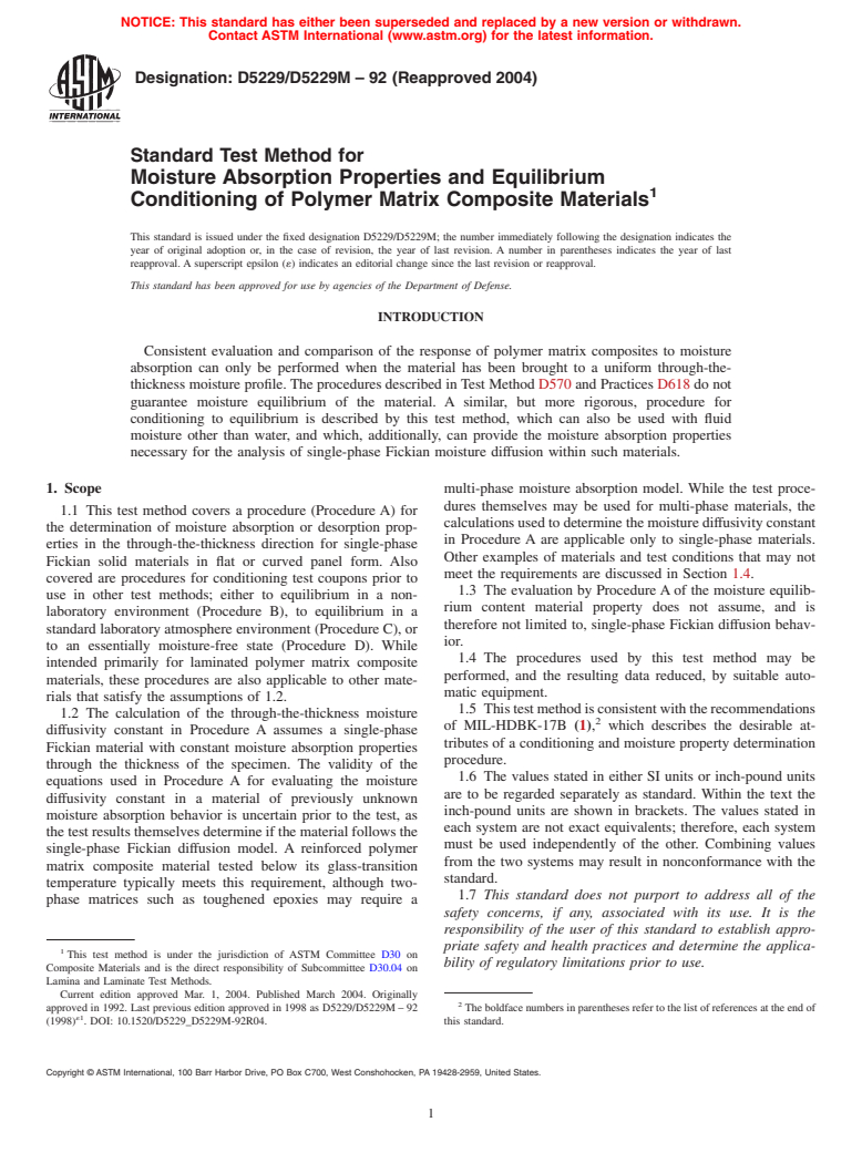 ASTM D5229/D5229M-92(2004) - Standard Test Method for Moisture Absorption Properties and Equilibrium Conditioning of Polymer Matrix Composite Materials