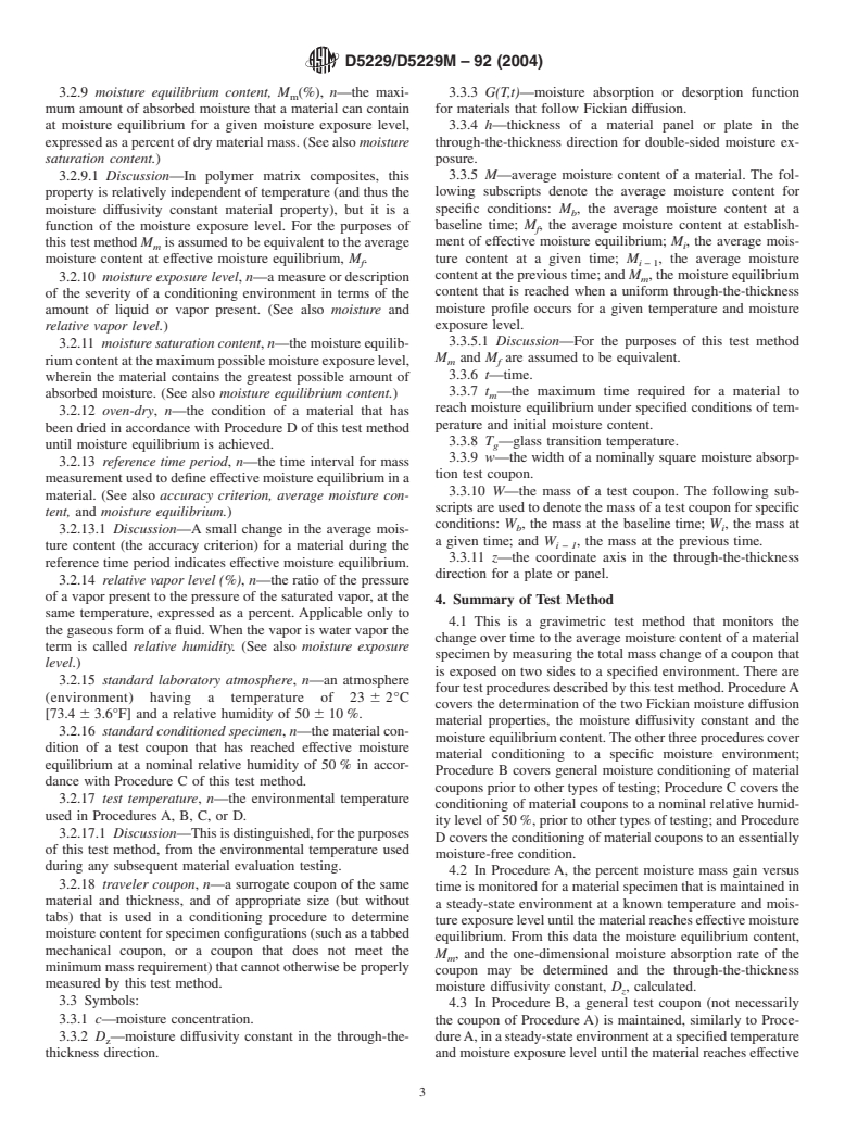 ASTM D5229/D5229M-92(2004) - Standard Test Method for Moisture Absorption Properties and Equilibrium Conditioning of Polymer Matrix Composite Materials