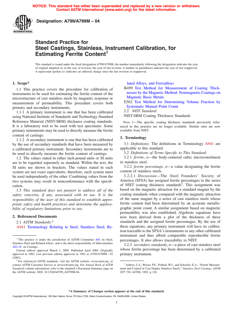 ASTM A799/A799M-04 - Standard Practice for Steel Castings, Stainless, Instrument Calibration, for Estimating Ferrite Content