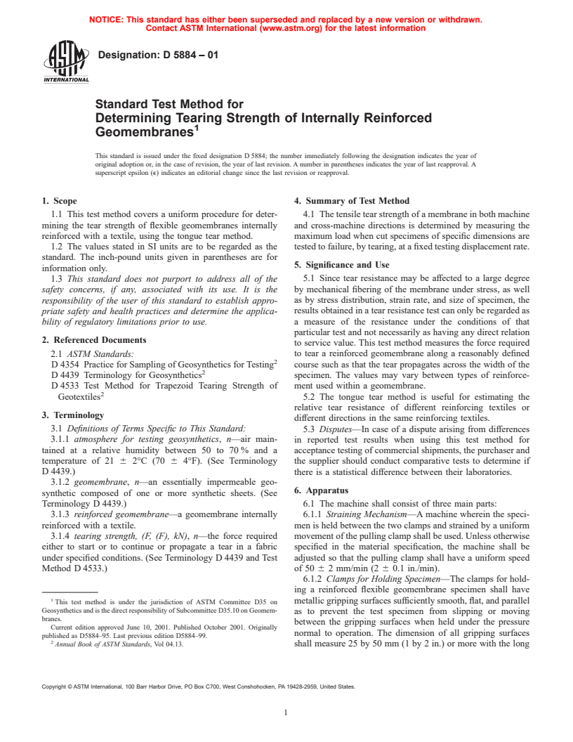 ASTM D5884-01 - Standard Test Method for Determining Tearing Strength of Internally Reinforced Geomembranes