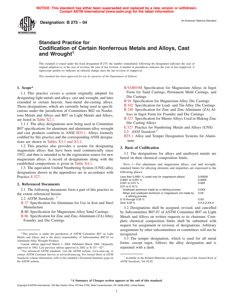 ASTM B275-04 - Standard Practice for Codification of Certain Nonferrous Metals and Alloys, Cast and Wrought