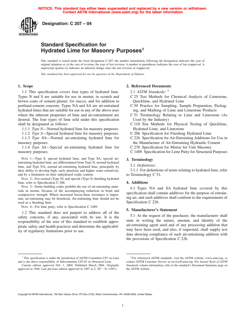 ASTM C207-04 - Standard Specification for Hydrated Lime for Masonry Purposes