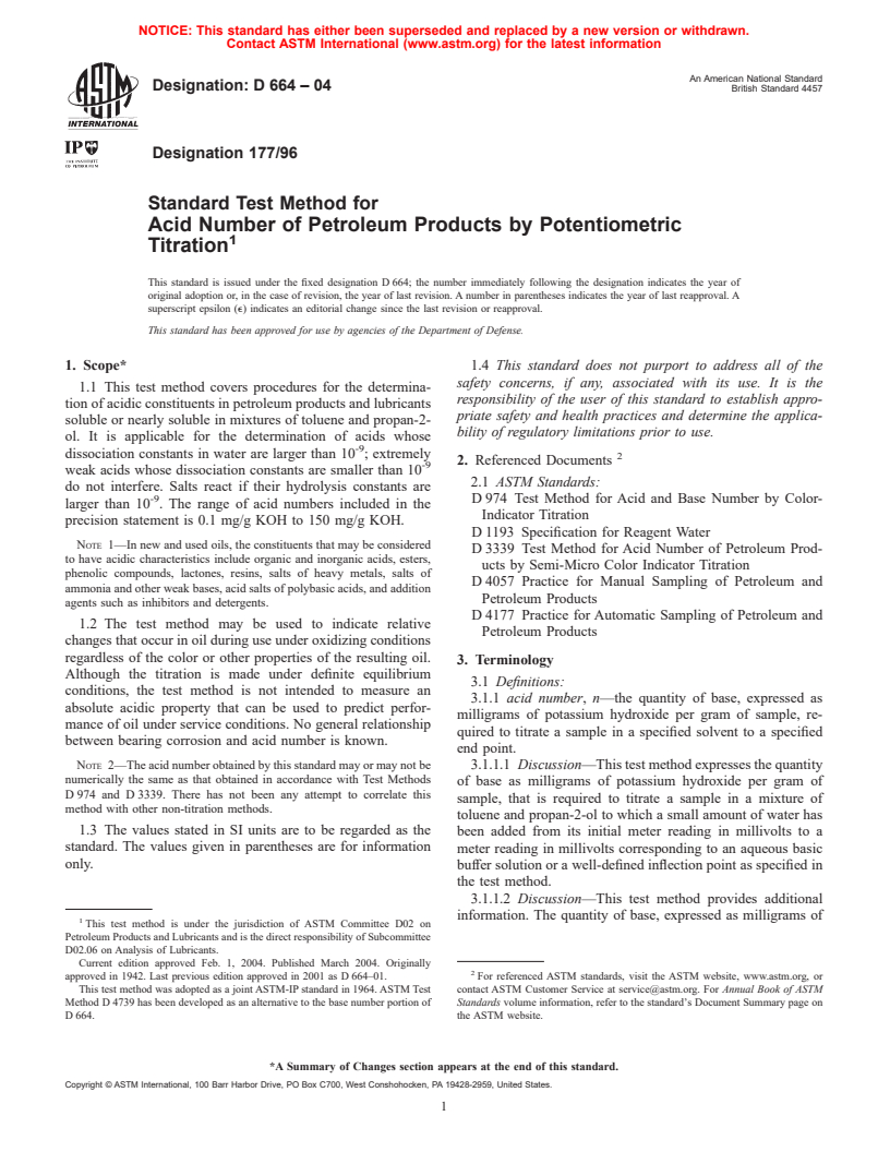 ASTM D664-04 - Standard Test Method for Acid Number of Petroleum Products by Potentiometric Titration