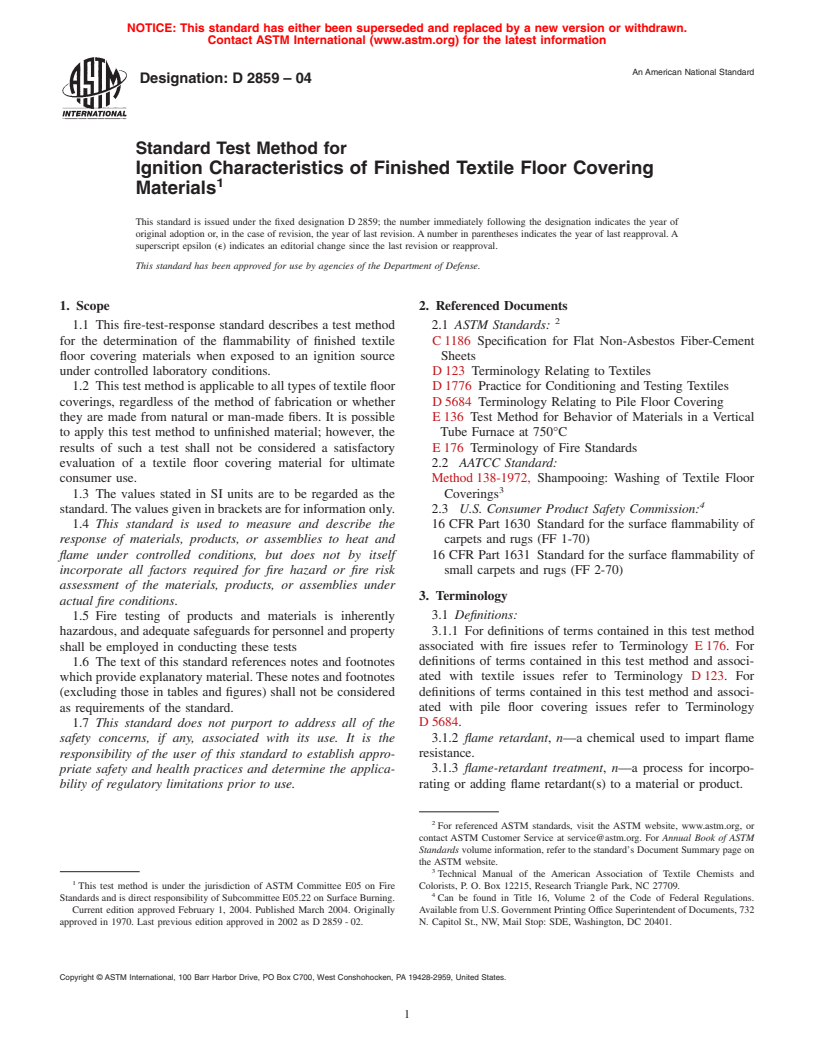 ASTM D2859-04 - Standard Test Method for Ignition Characteristics of Finished Textile Floor Covering Materials