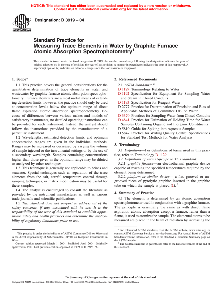 ASTM D3919-04 - Standard Practice for Measuring Trace Elements in Water by Graphite Furnace Atomic Absorption Spectrophotometry