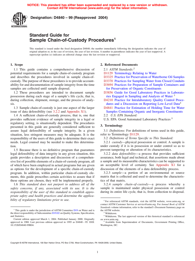 ASTM D4840-99(2004) - Standard Guide for Sampling Chain-of-Custody Procedures