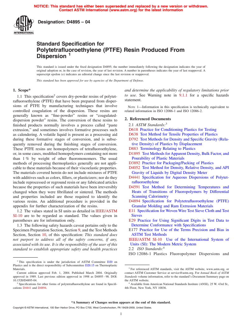 ASTM D4895-04 - Standard Specification for Polytetrafluoroethylene (PTFE) Resin Produced From Dispersion