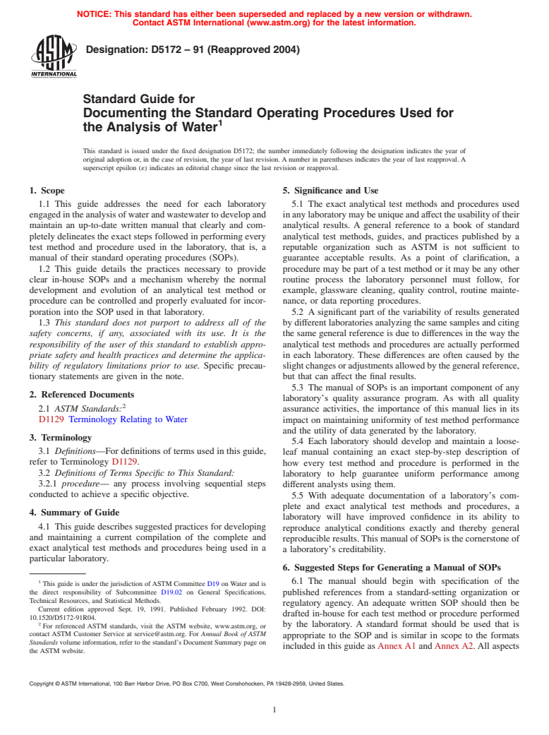 ASTM D5172-91(2004) - Standard Guide for Documenting the Standard Operating Procedures Used for the Analysis of Water