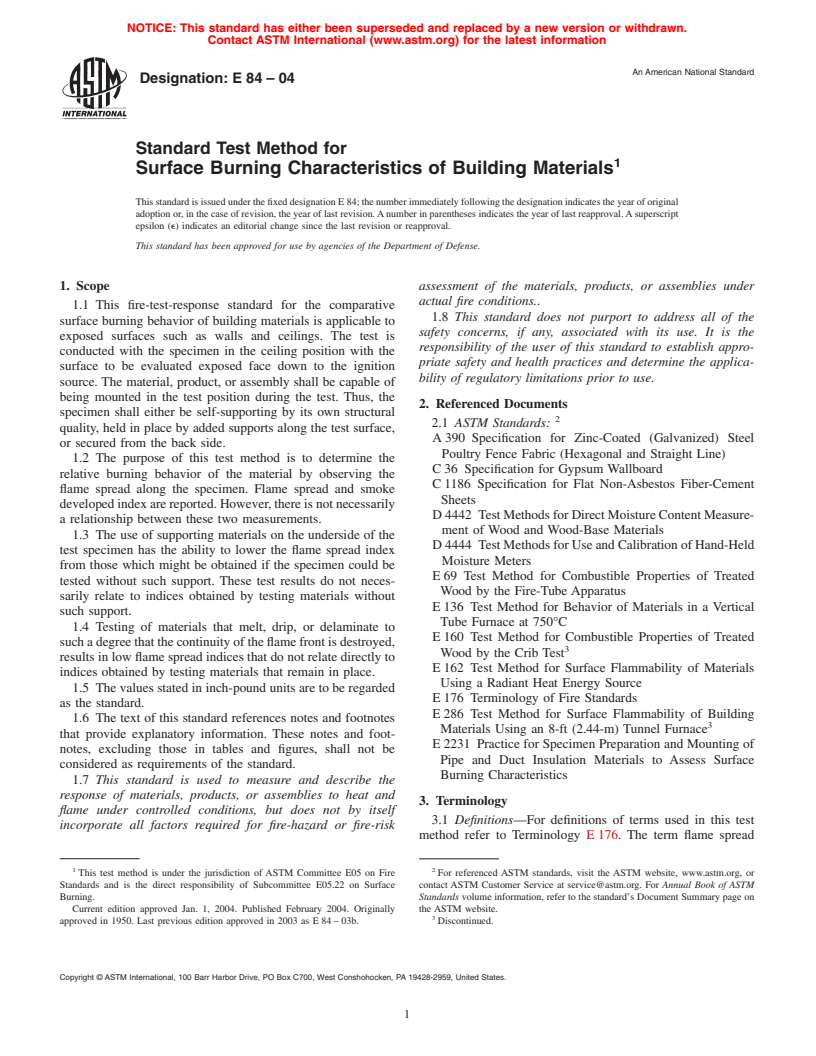 ASTM E84-04 - Standard Test Method for Surface Burning Characteristics of Building Materials