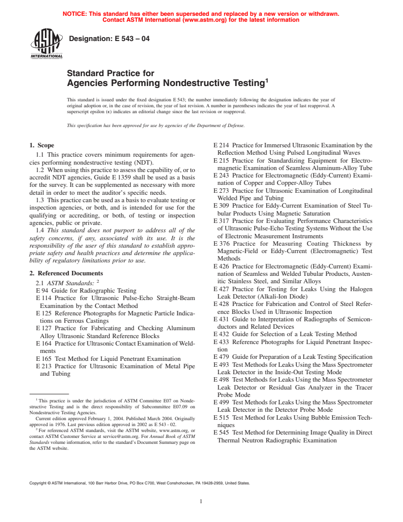 ASTM E543-04 - Standard Practice for Agencies Performing Nondestructive Testing