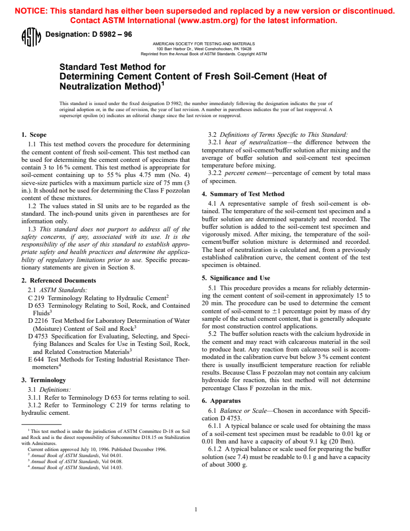 ASTM D5982-96 - Standard Test Method for Determining Cement Content of Fresh Soil-Cement (Heat of Neutralization Method)