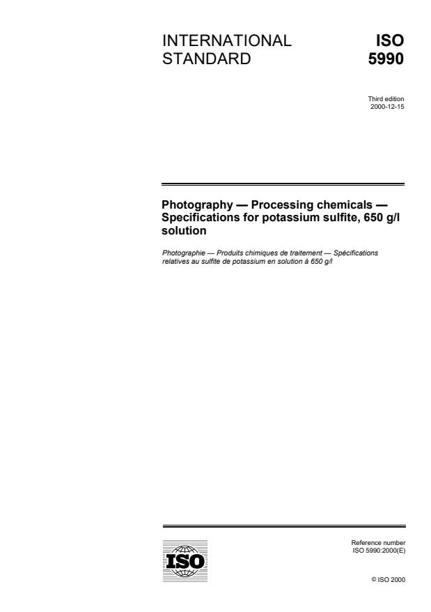ISO 5990:2000 - Photography -- Processing chemicals -- Specifications for potassium sulfite, 650 g/l solution
