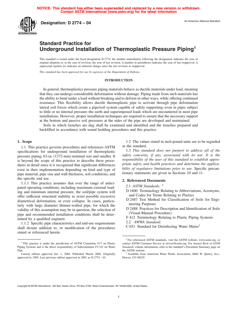 ASTM D2774-04 - Standard Practice for Underground Installation of Thermoplastic Pressure Piping