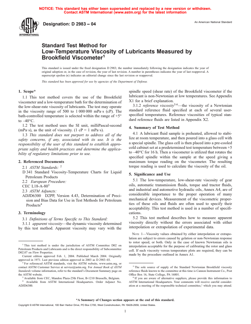 ASTM D2983-04 - Standard Test Method for Low-Temperature Viscosity of Lubricants Measured by Brookfield Viscometer