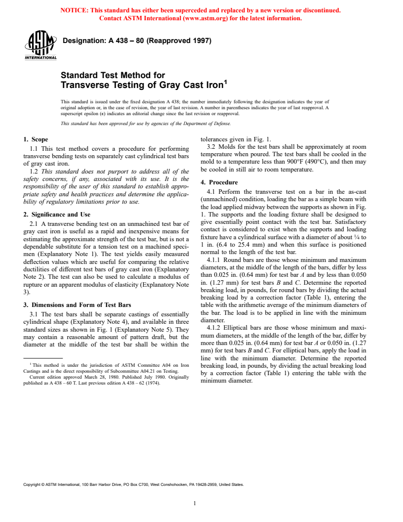 ASTM A438-80(1997) - Standard Test Method for Transverse Testing of Gray Cast Iron (Withdrawn 2003)