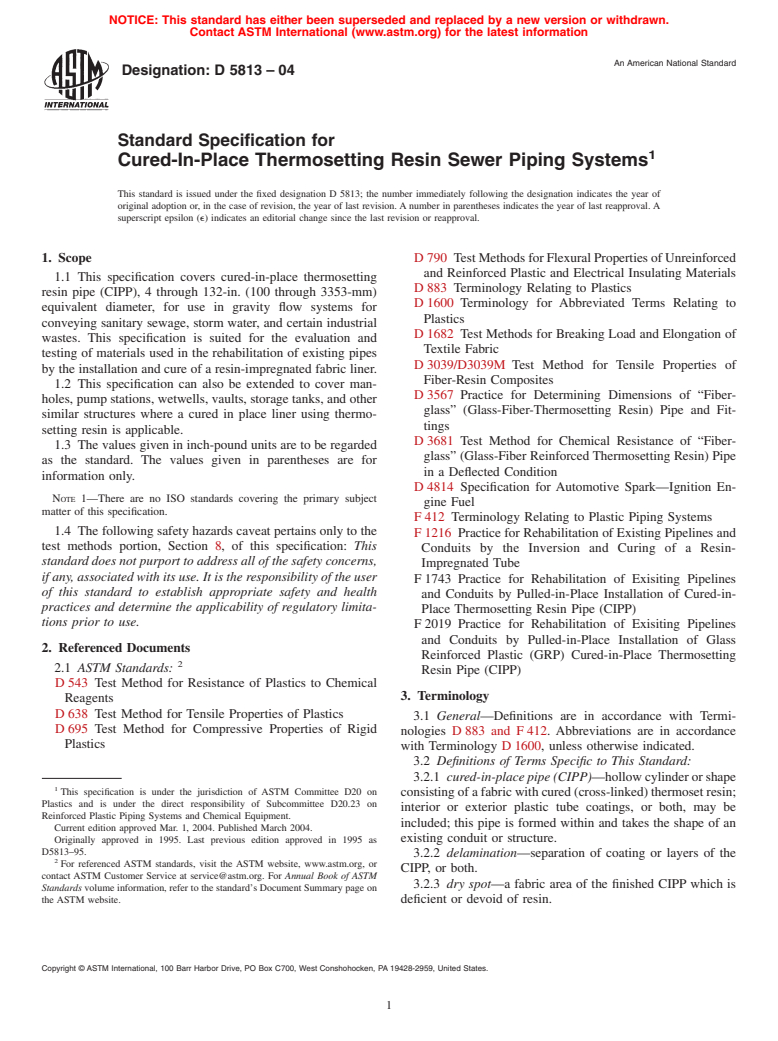 ASTM D5813-04 - Standard Specification for Cured-In-Place Thermosetting Resin Sewer Piping Systems