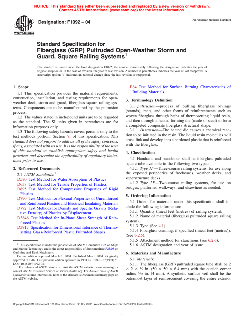 ASTM F1092-04 - Standard Specification for Fiberglass (GRP) Pultruded Open-Weather Storm and Guard, Square Railing Systems