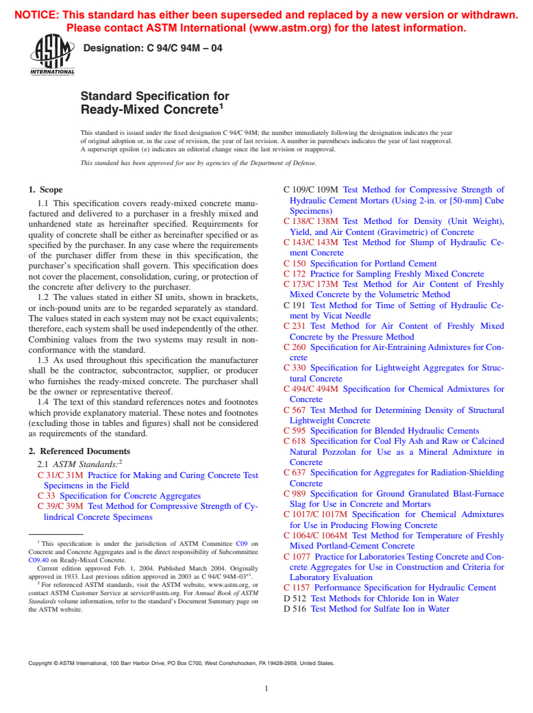 ASTM C94/C94M-04 - Standard Specification for Ready-Mixed Concrete