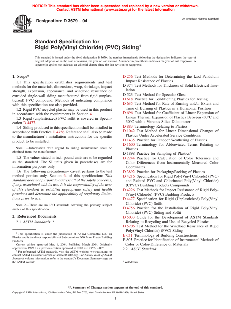 ASTM D3679-04 - Standard Specification for Rigid Poly(Vinyl Chloride) (PVC) Siding