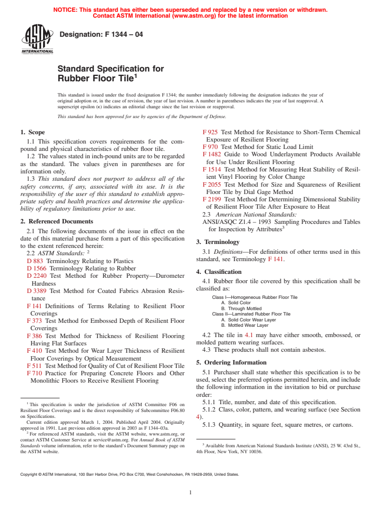 ASTM F1344-04 - Standard Specification for Rubber Floor Tile