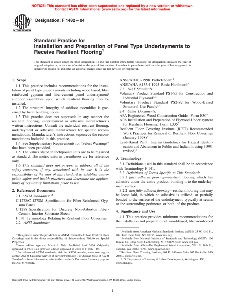 ASTM F1482-04 - Standard Practice for Installation and Preparation of Panel Type Underlayments to Receive Resilient Flooring