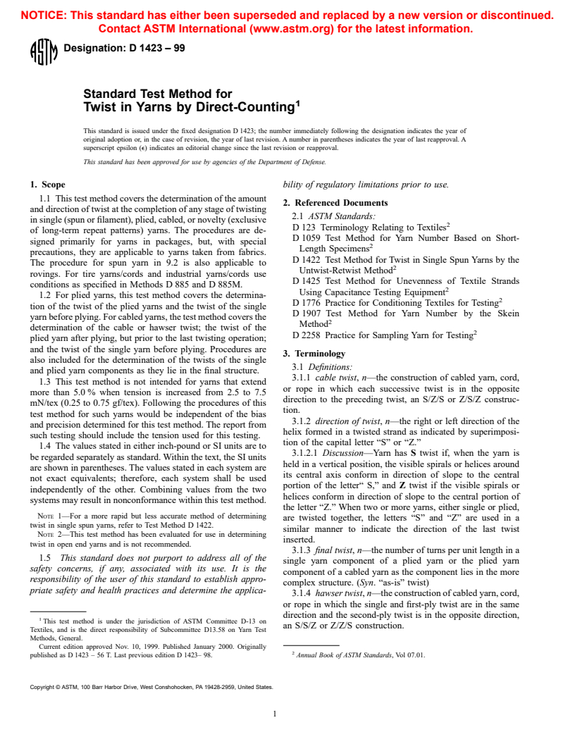 ASTM D1423-99 - Standard Test Method for Twist in Yarns by Direct-Counting