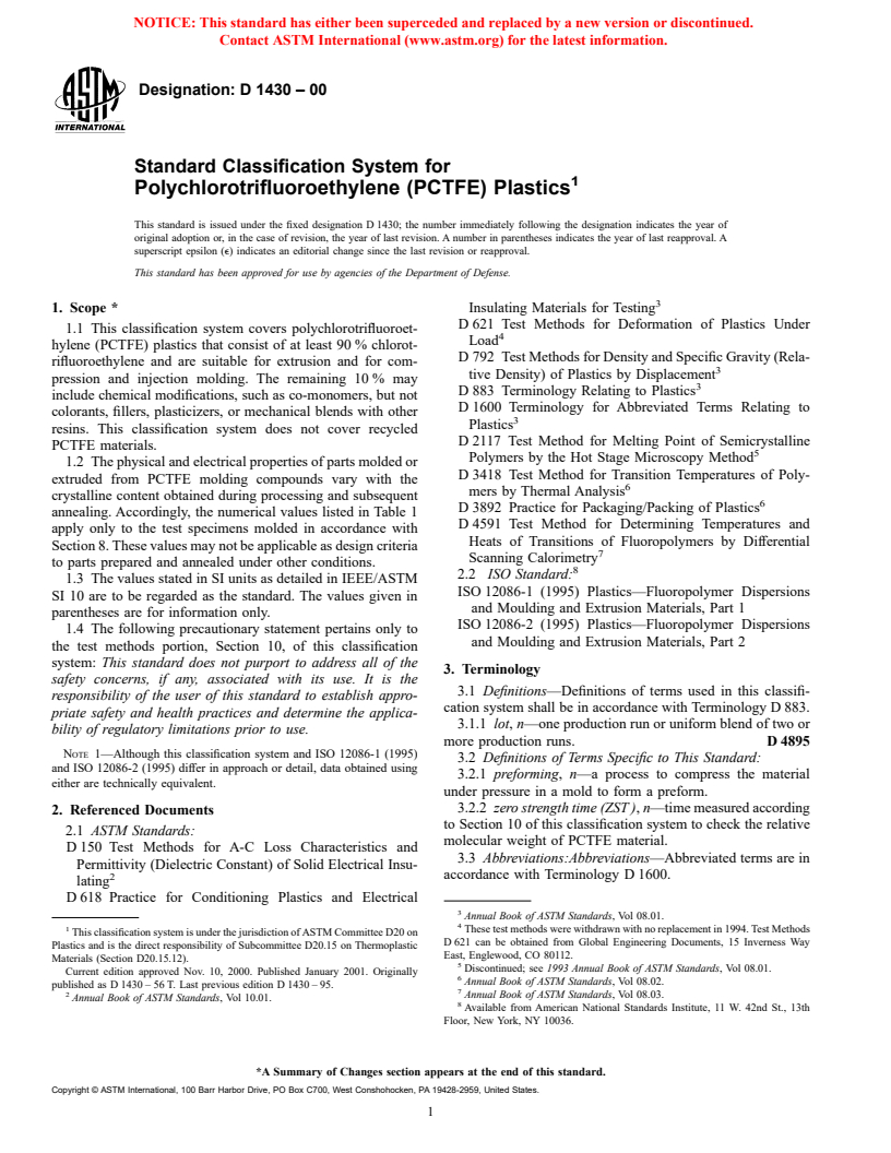 ASTM D1430-00 - Standard Classification System for Polychlorotrifluoroethylene (PCTFE) Plastics