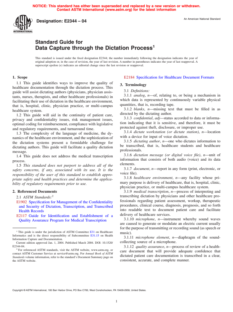 ASTM E2344-04 - Standard Guide for Data Capture through the Dictation Process