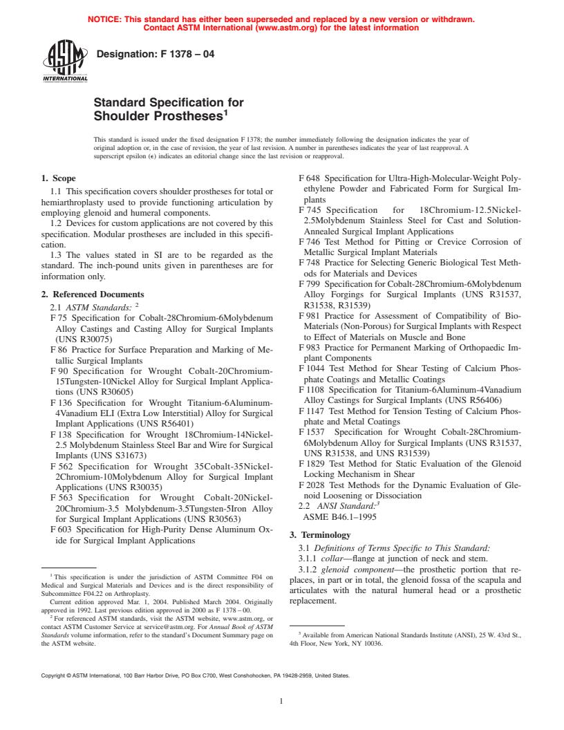 ASTM F1378-04 - Standard Specification for Shoulder Prosthesis