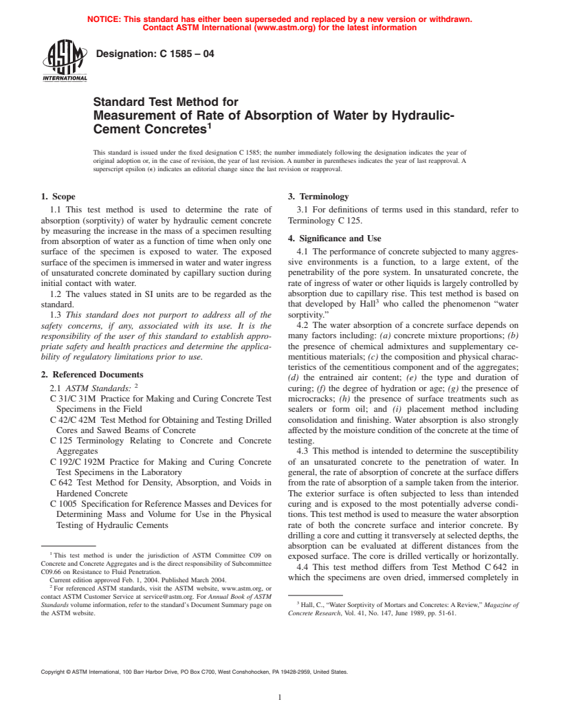 ASTM C1585-04 - Standard Test Method for Measurement of Rate of Absorption of Water by Hydraulic-Cement Concretes