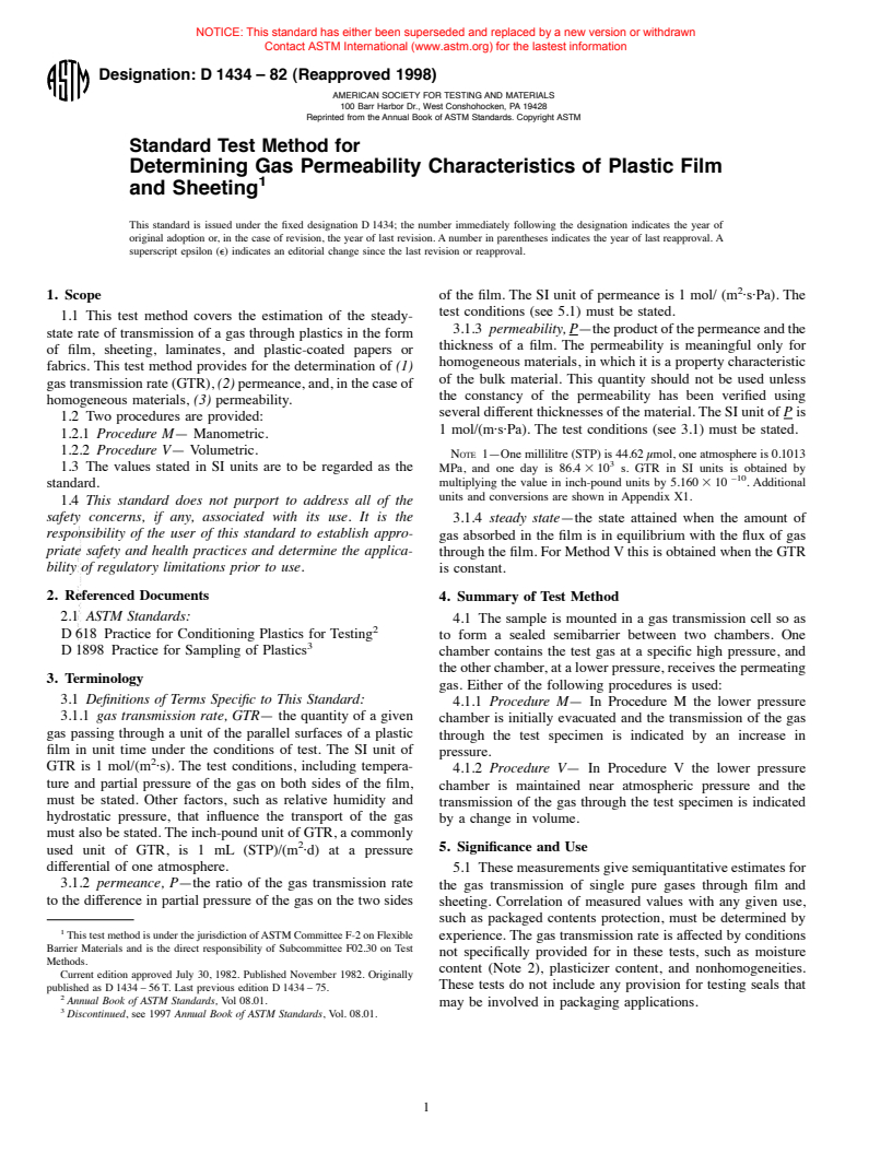 ASTM D1434-82(1998) - Standard Test Method for Determining Gas Permeability Characteristics of Plastic Film and Sheeting