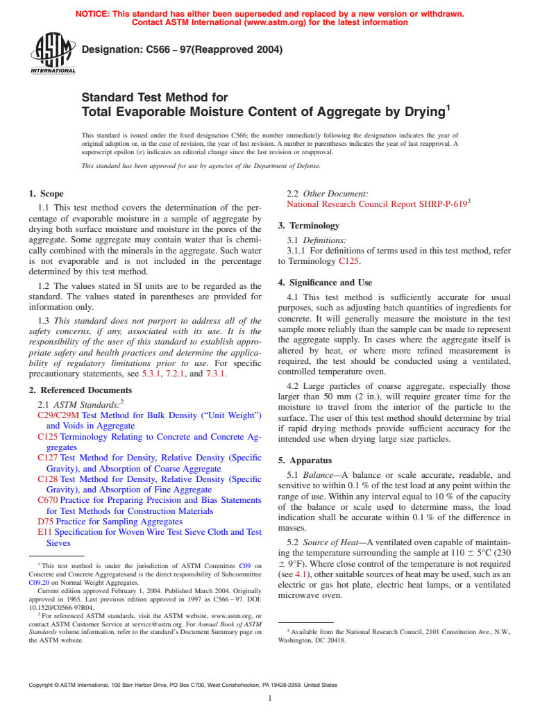 ASTM C566-97(2004) - Standard Test Method for Total Evaporable Moisture Content of Aggregate by Drying