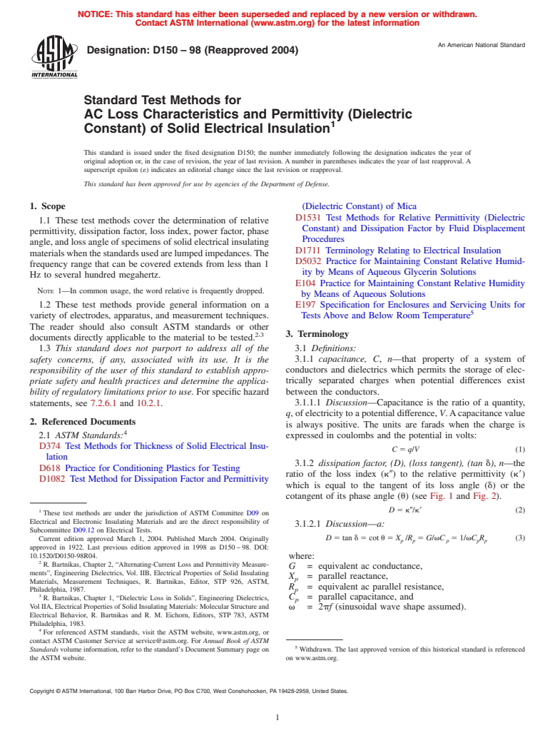 ASTM D150-98(2004) - Standard Test Methods for AC Loss Characteristics and Permittivity (Dielectric Constant) of Solid Electrical Insulation